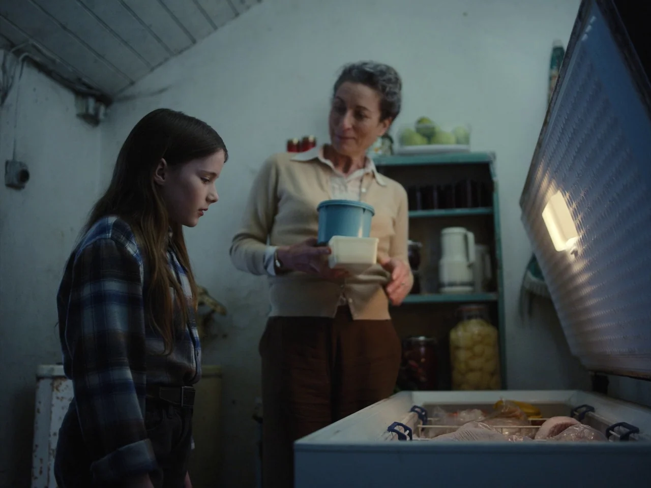 The Quiet Girl (2022) movie still: medium — A dimly lit storage cellar features rough white walls and a packed chest freezer. A girl and an older…