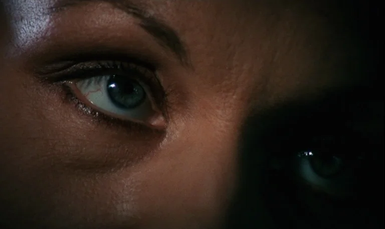 The Rose King (1986) movie still: closeup — A close-up shot of a human face centered on the eyes in darkness. One eye is clear and visible while the…