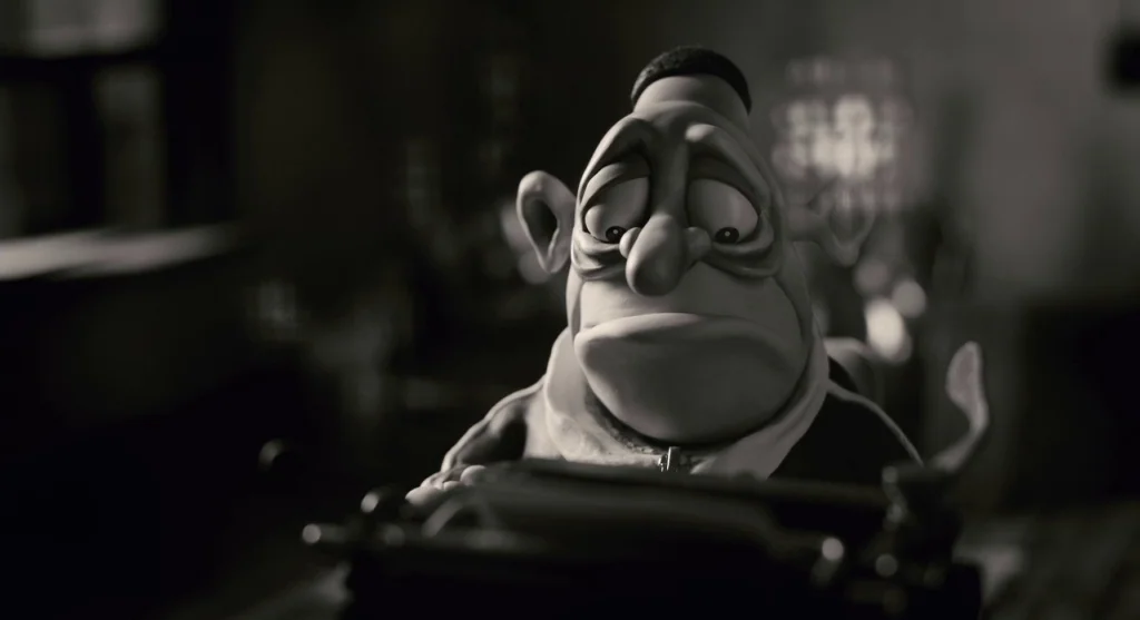 Mary & Max (2009) movie still: closeup — A dimly lit room with an out-of-focus background containing indistinct objects. An anthropomorphic…