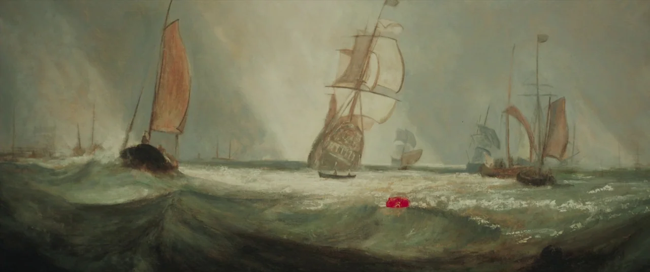 Mr. Turner (2014) movie still: wide — A painted maritime landscape depicts several wooden sailing ships on a choppy, wavy sea. Beams of light pierce…