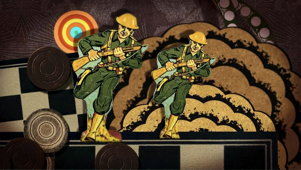 Judy Blume Forever (2023) movie still: medium — A flat collage surface features stylized paper cutouts of two identical soldiers. The figures are…