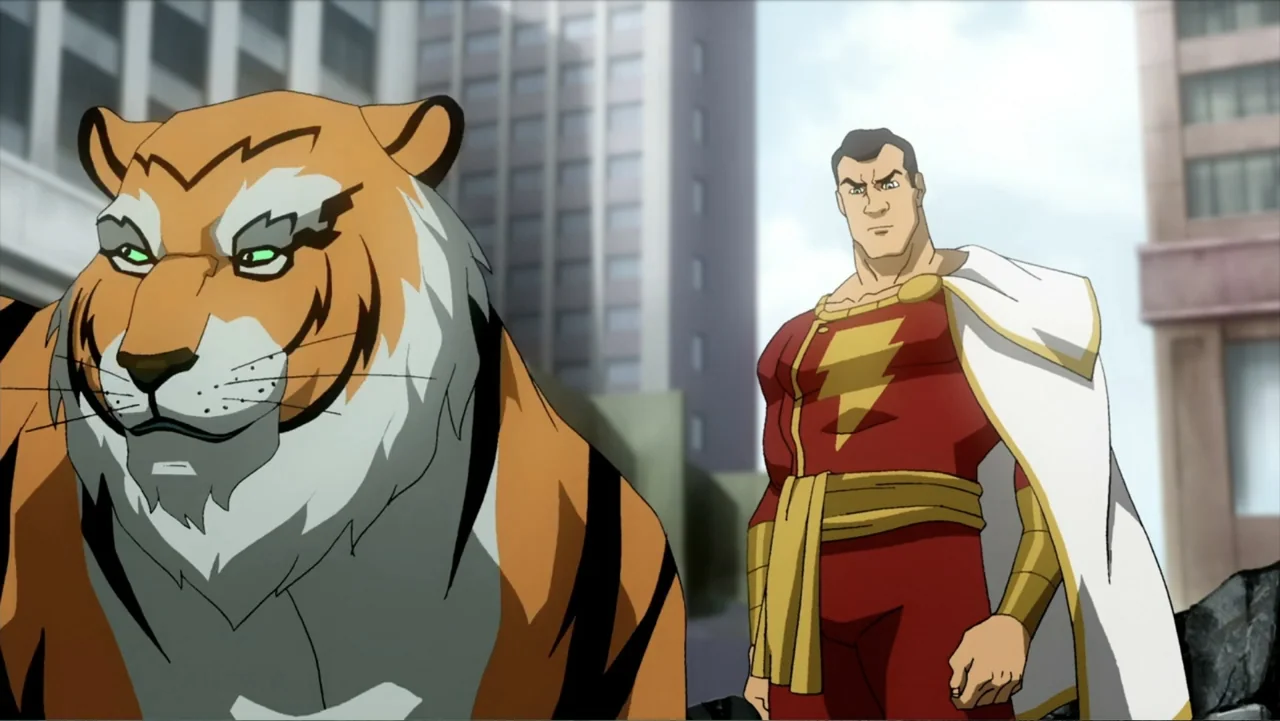 Superman/Shazam!: The Return of Black Adam (2010) movie still: medium — A city street background with tall buildings stands behind a man and a…