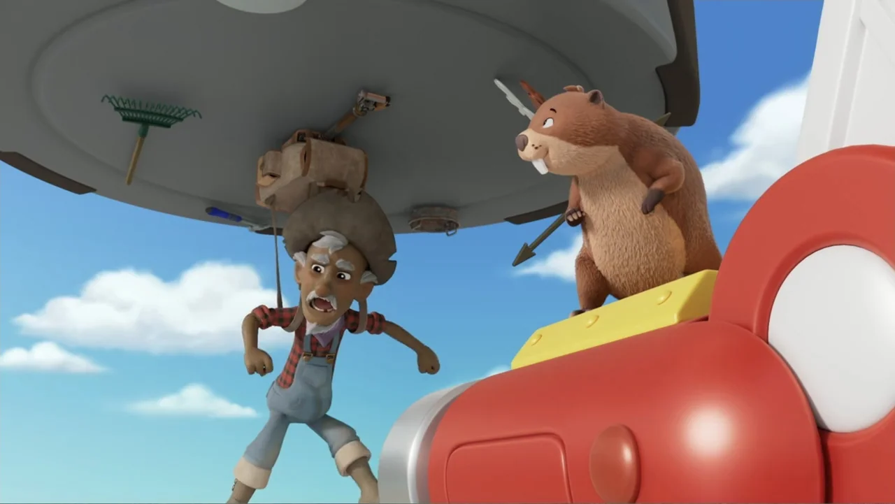 PAW Patrol: Air Rescue (2025) movie still: medium — A cartoonish scene features a floating metal platform against a bright blue sky. An elderly man…