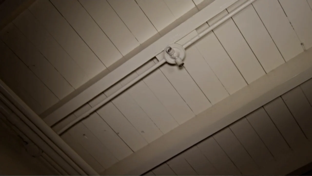 The Gallows (2015) movie still: establishing — A white painted wooden plank ceiling features a single exposed light fixture base. A support beam…