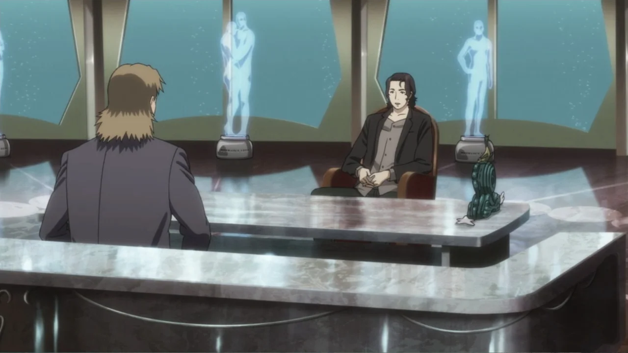 Ghost in the Shell: Arise - Border 3: Ghost Tears (2014) movie still: medium — A modern room features a large marble table and glowing holographic…