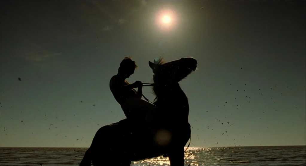 The Fall movie still: fullbody — A man rides a horse through the shallow surf under a bright, clear sun. Water droplets are suspended in the air…