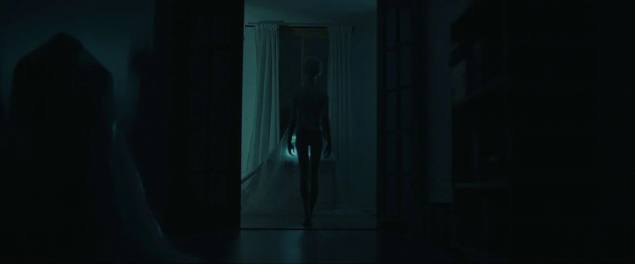 Come True (2020) movie still: fullbody — A dark, dimly lit hallway looks into a room with a window and white curtains. A slender figure stands in…