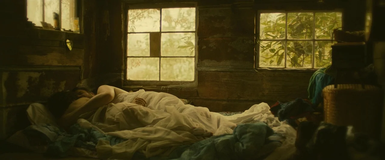 Blaze (2018) movie still: wide — A rustic bedroom with wood-paneled walls features two windows overlooking greenery. Two individuals sleep together…