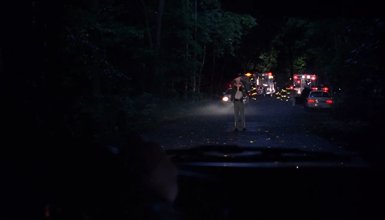 Signs (2002) movie still: wide — A dark rural road is flanked by dense woods at night. A lone police officer stands in the center of the road…