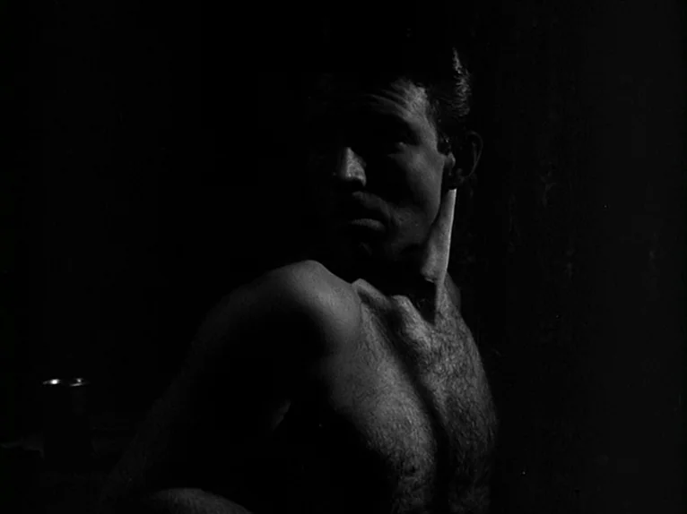 Killer’s Kiss (1955) movie still: closeup — A dimly lit room with heavy shadows cast across the subject. A shirtless man turns his head to gaze off…