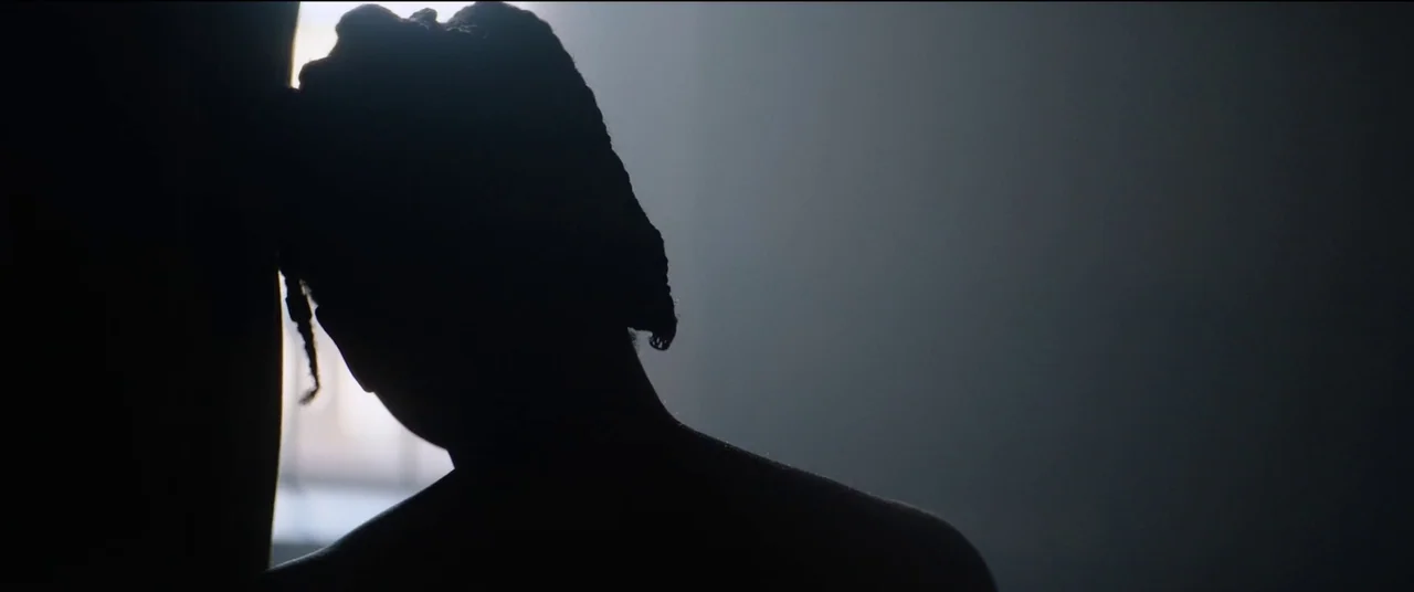 The Woman King (2022) movie still: closeup — A dark indoor space features a wall partially lit by a window source. A person stands with their back…