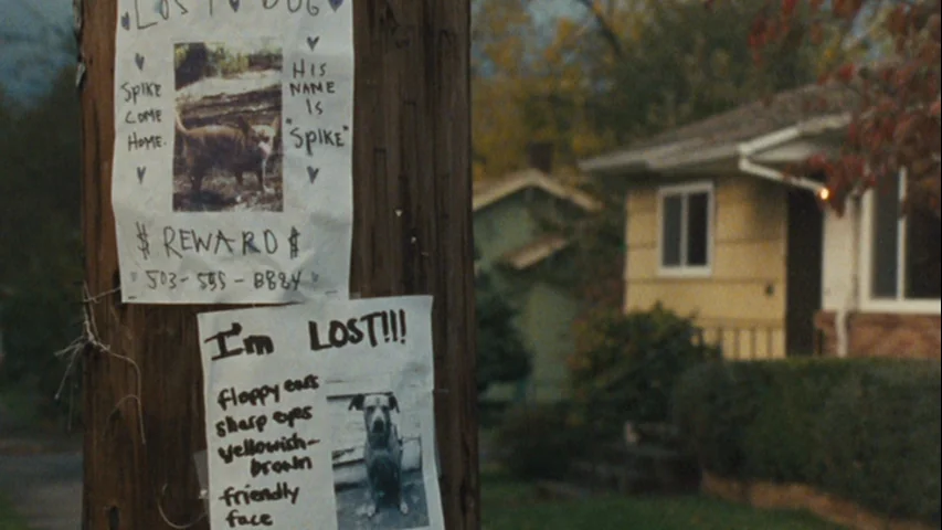 Wendy and Lucy (2008) movie still: closeup — Two hand-drawn lost dog flyers are affixed to a dark vertical wooden utility pole. A blurred suburban…