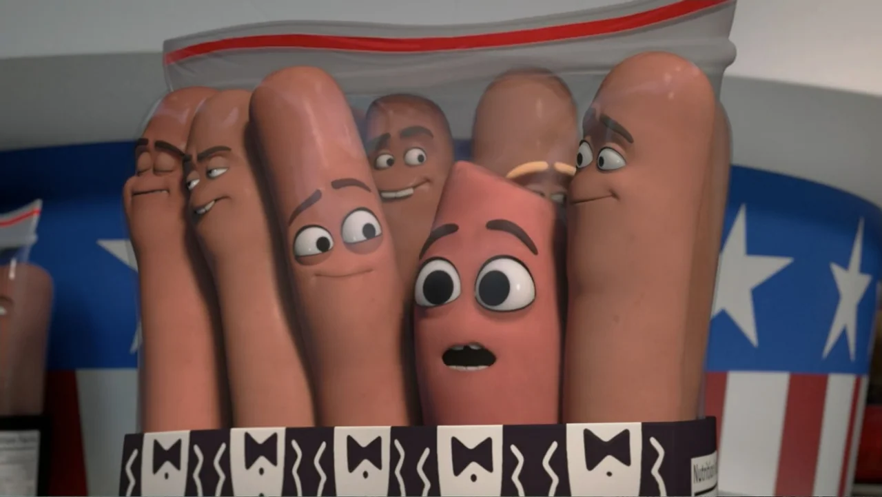 Sausage Party (2016) movie still: medium — A clear plastic bag contains several anthropomorphic sausages in a grocery store setting. The sausages…