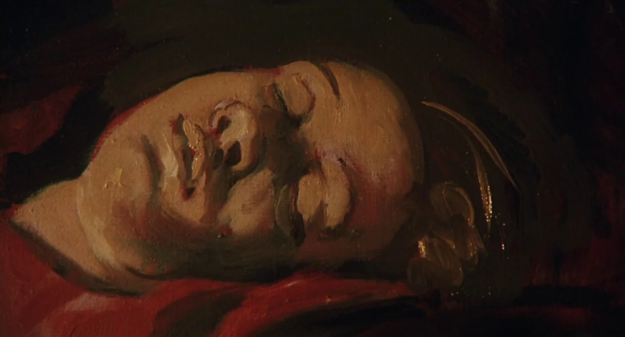 Caravaggio (1986) movie still: closeup — A close-up of an oil painting depicting a person with eyes closed. The image shows thick impasto brushwork…