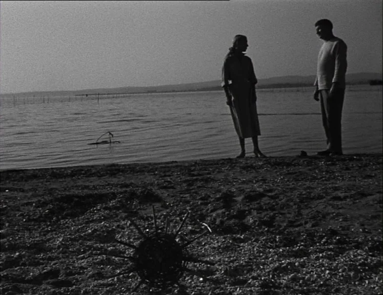 La Pointe Courte (1955) movie still: fullbody — A man and a woman stand on a desolate, shell-covered shore by a lake. An unidentified spiked object…