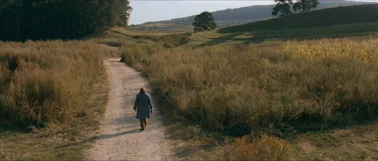 A Farewell to Fools (2013) movie still: wide — An open field with a dirt path winding between patches of tall wild grass. A man walks away from the…