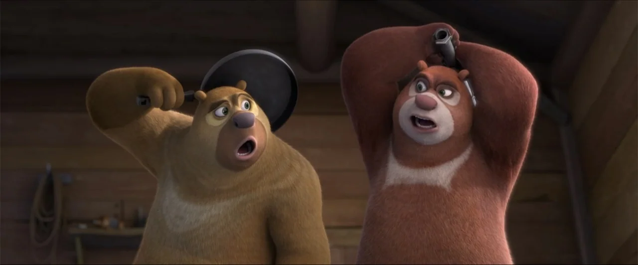 Boonie Bears: The Big Shrink (2018) movie still: medium — A rustic interior with dark horizontal wooden walls and simple tools in the background.…