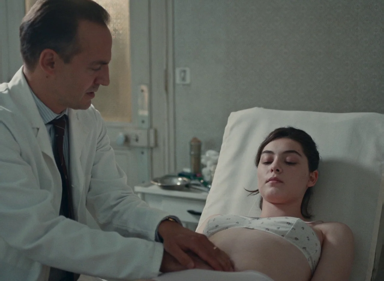 Happening (2021) movie still: medium — A medical room features a white examination table and a nearby metal tray. A doctor in a white coat rests his…
