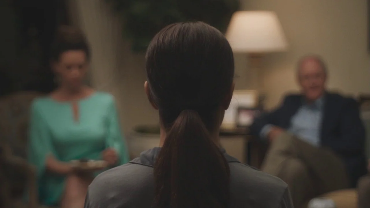 Beatriz at Dinner (2017) movie still: medium — A dimly lit room with blurred figures sitting on furniture in the background. A woman sits in the…