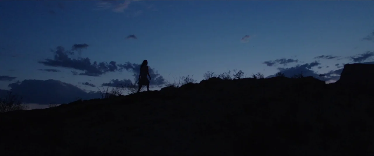 The Unknown Country (2022) movie still: wide — A dark rocky ridge stands against a deep blue evening sky with sparse vegetation. A single person…