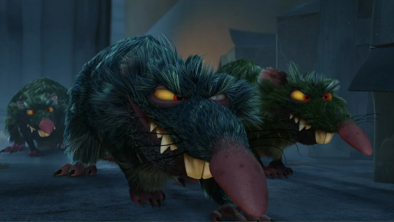The Nut Job (2014) movie still: medium — Three large stylized rats with shaggy fur stand on a dark, textured ground surface. The rats bear sharp…