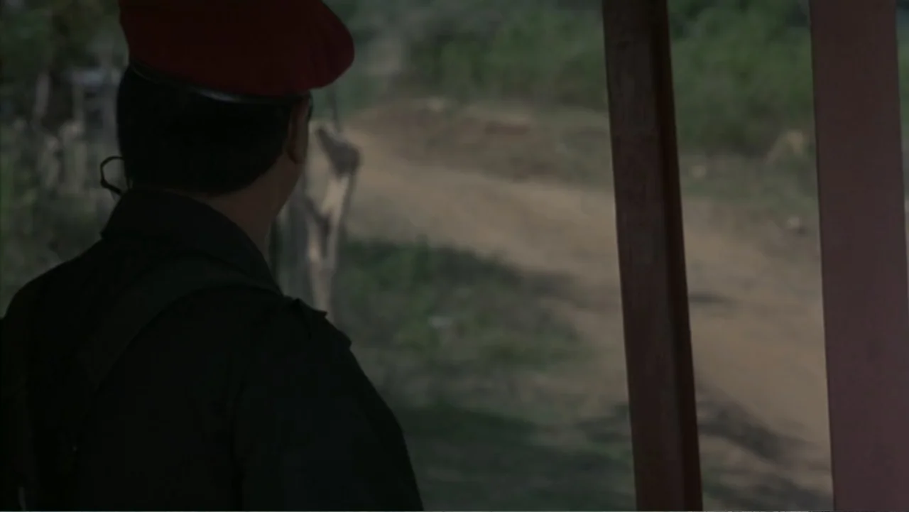 Behind Enemy Lines (2001) movie still: medium — A wooden watchtower overlooking a narrow dirt road surrounded by green vegetation. A person wearing…