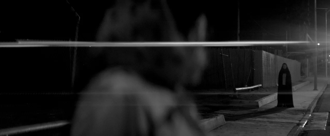 A Girl Walks Home Alone at Night (2014) movie still: wide — A night city street features a long fence and a desolate concrete sidewalk. A single…