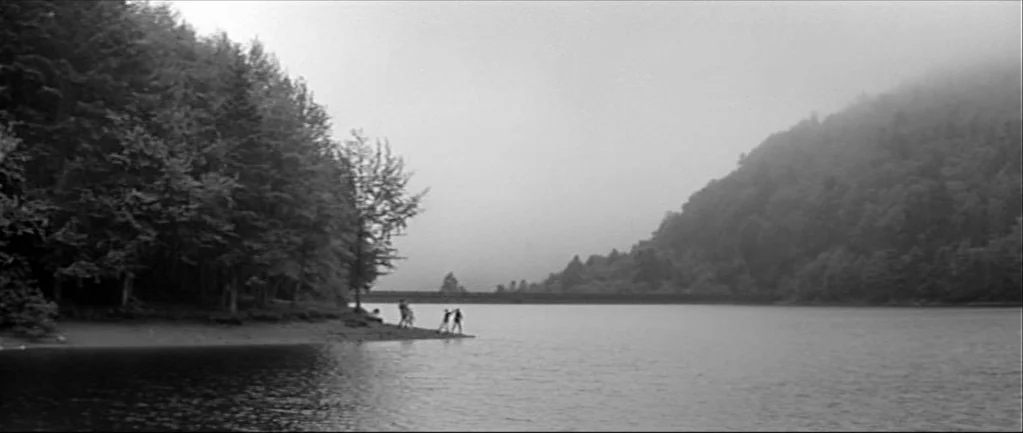 Jules and Jim (1962) movie still: wide — A vast lake stretches between a dark forested shoreline and distant fog-covered mountains. A small group of…