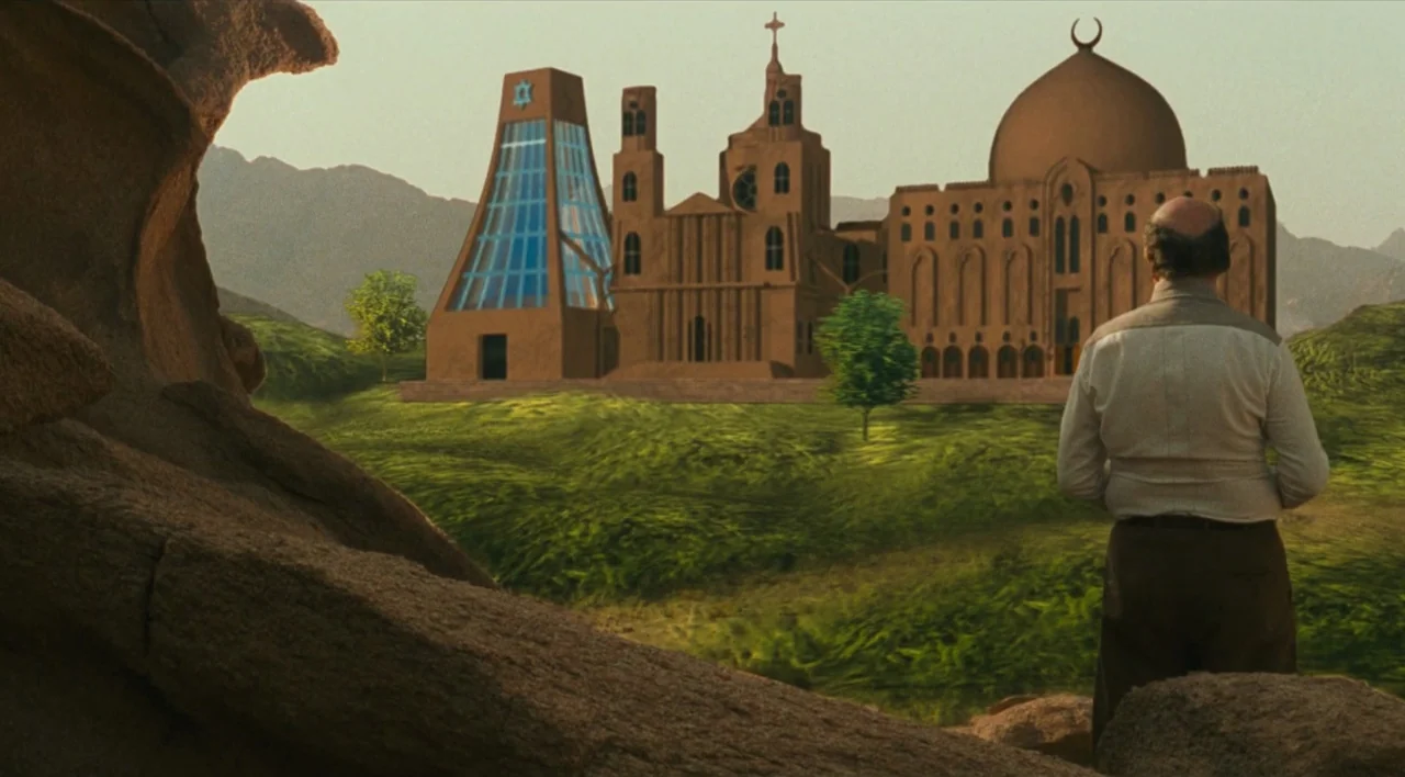 The Other Conquest (1999) movie still: wide — A grassy hilly landscape featuring an unusual architectural complex that combines religious symbols. A…