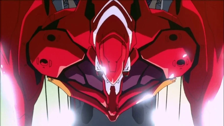 Neon Genesis Evangelion (1995) movie still: medium — A giant red robotic machine moves through a bright, hazy sky. The machine is angular and…