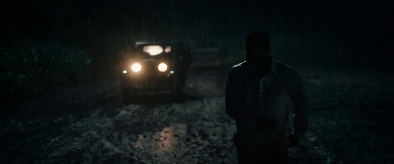 Mudbound (2017) movie still: wide — A dark muddy road at night is illuminated by the intense headlights of a car. A man runs in the foreground,…