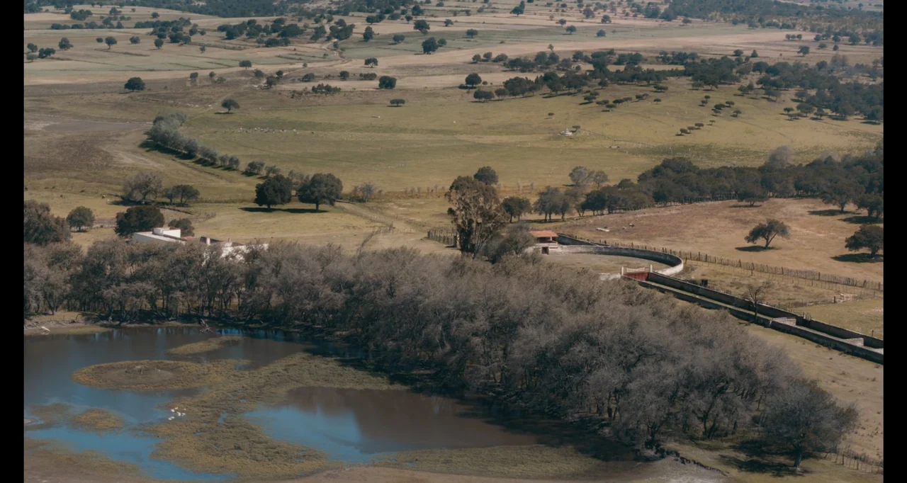 National Family (2023) movie still: establishing — An aerial view of an expansive rural ranch with dry grassy fields and ponds. A stone wall borders…