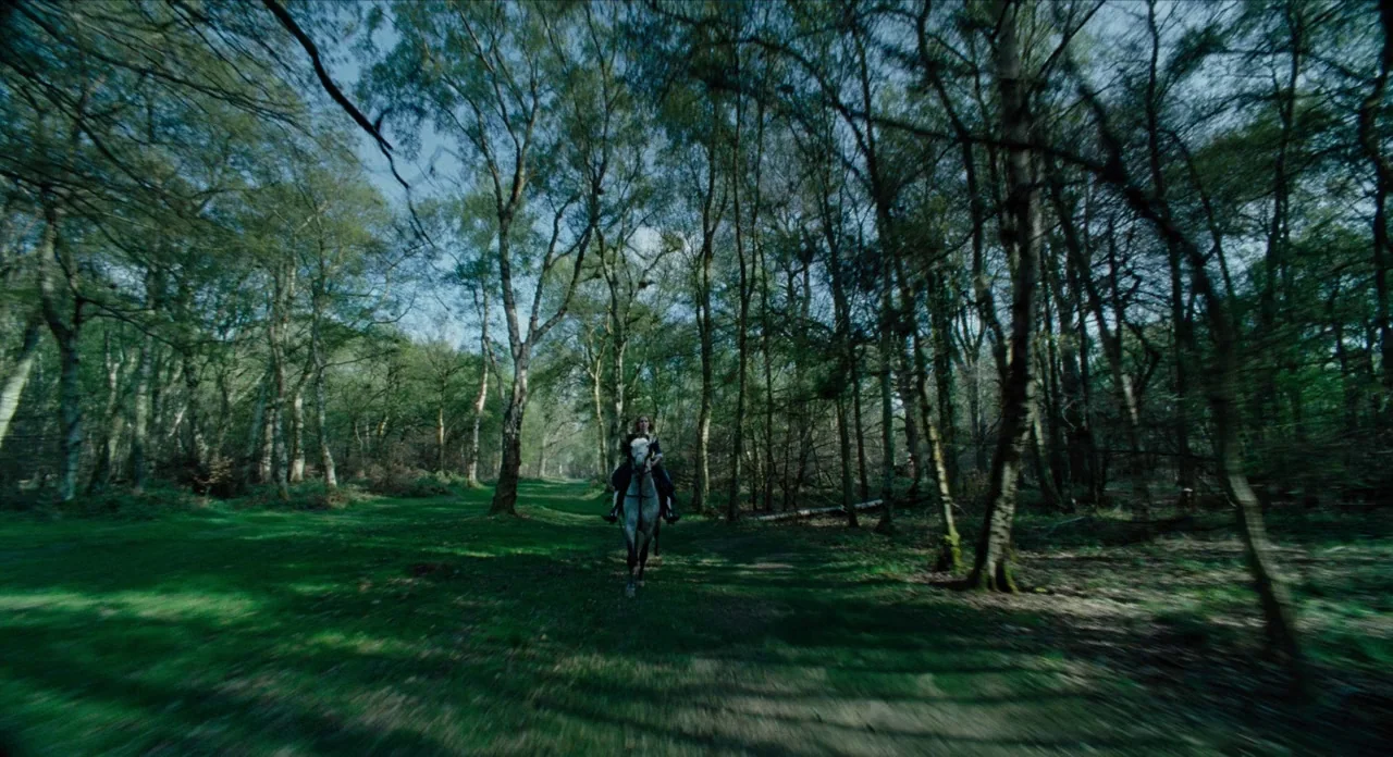 The Favourite (2018) movie still: wide — A path winds through a dense temperate woodland with thin-trunked deciduous trees. A woman rides a white…