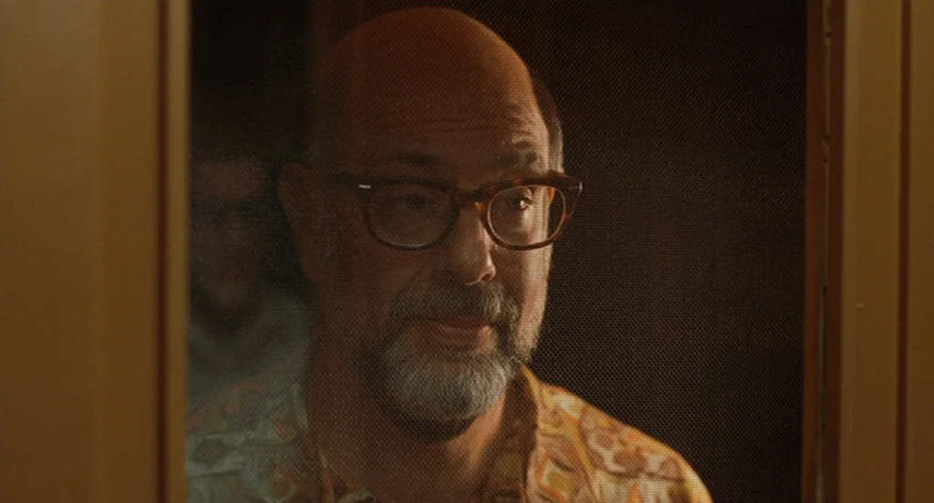 A Serious Man (2009) movie still: closeup — A man stands behind a dark mesh screen door inside a dimly lit space. He looks toward the camera with a…