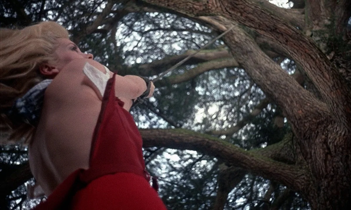 Belle De Jour (1967) movie still: medium — A woman stands in a wooded area with thick, twisted branches above her. She faces away from the camera,…