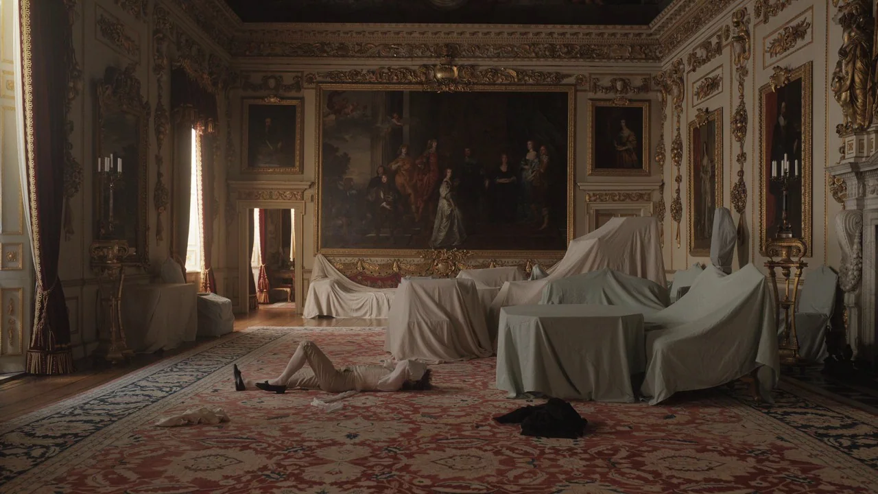 Emma. (2020) movie still: wide — A lavishly decorated palace room features gilded molding, large oil paintings, and dust-covered furniture. A single…