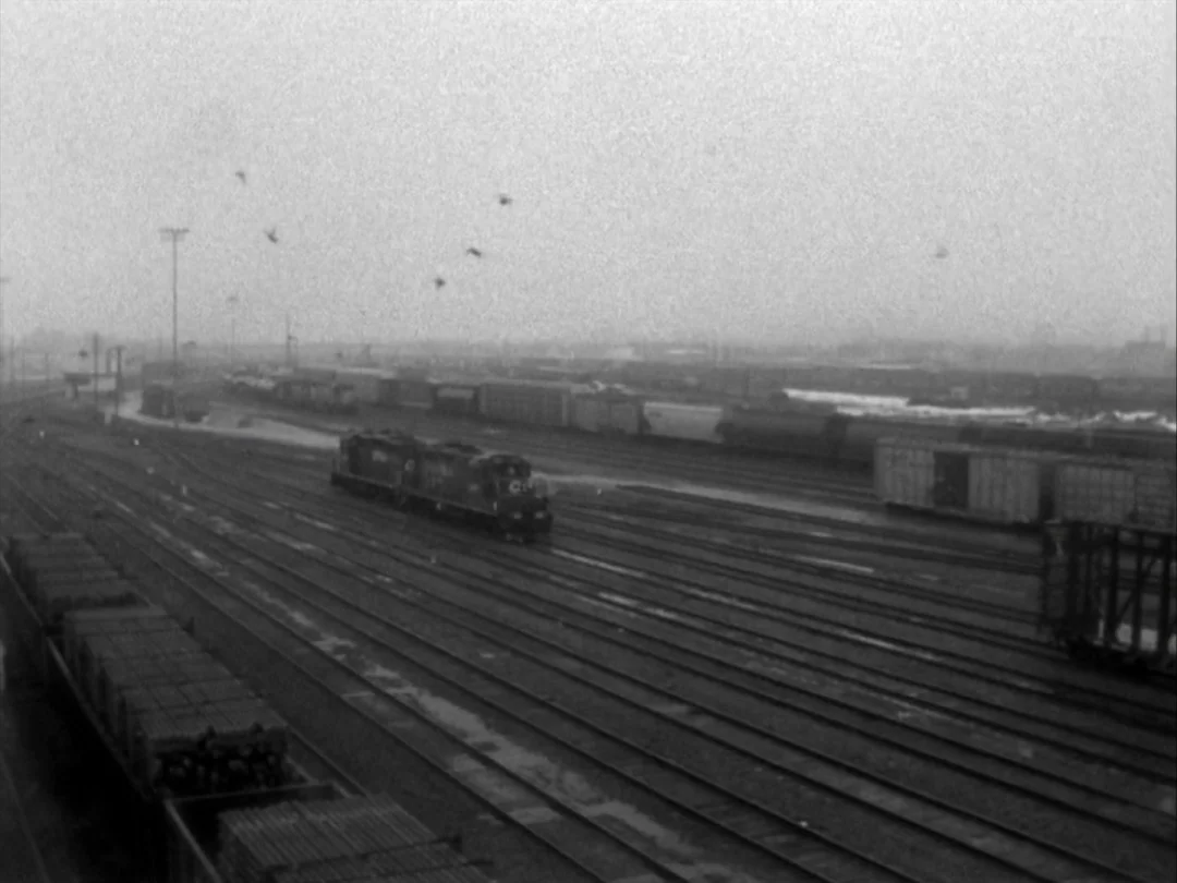 My Winnipeg (2007) movie still: wide — A sprawling railway yard with multiple parallel tracks extends into an overcast, foggy horizon. A lone train…