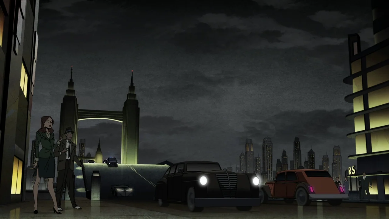Batman: The Long Halloween, Part One (2021) movie still: wide — A dark urban bridge overlooks a distant city skyline under a cloudy night sky. A man…