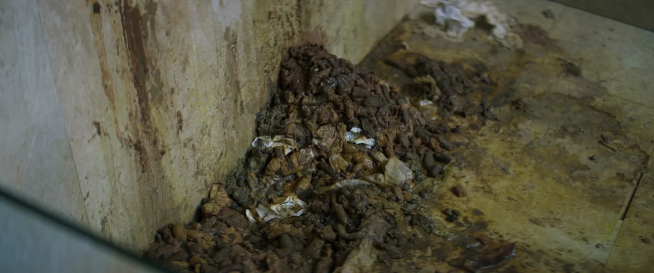 Inside (2023) (2023) movie still: closeup — A corner of a room features tiled walls and a tiled floor covered in filth. A large pile of biological…