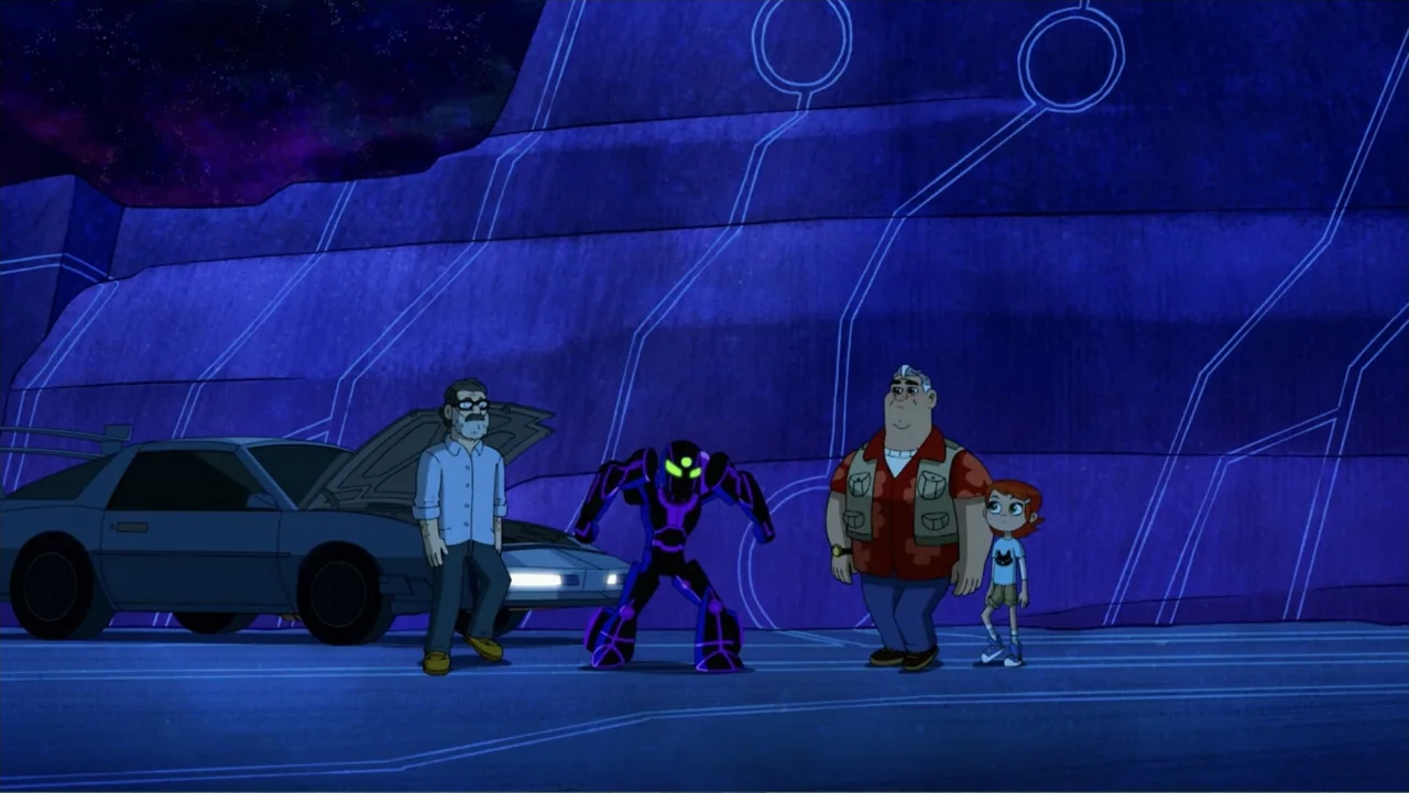 Ben 10 vs. the Universe: The Movie (2020) movie still: wide — A dark futuristic landscape features glowing cyan lines etched into large blue…