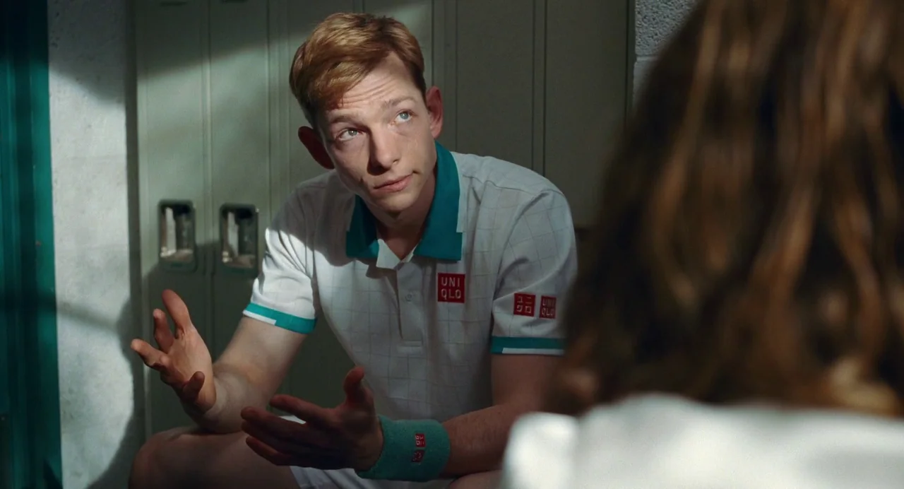 Challengers (2024) movie still: medium — A quiet locker room features metal lockers and filtered light from a side window. A young man wearing a…