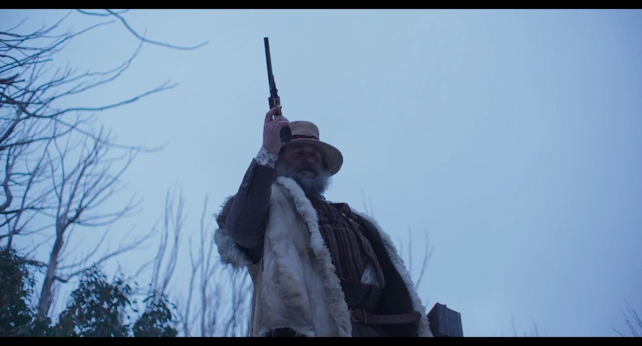 True History of the Kelly Gang (2019) movie still: medium — A man stands outdoors in a desolate, overcast landscape filled with barren tree…