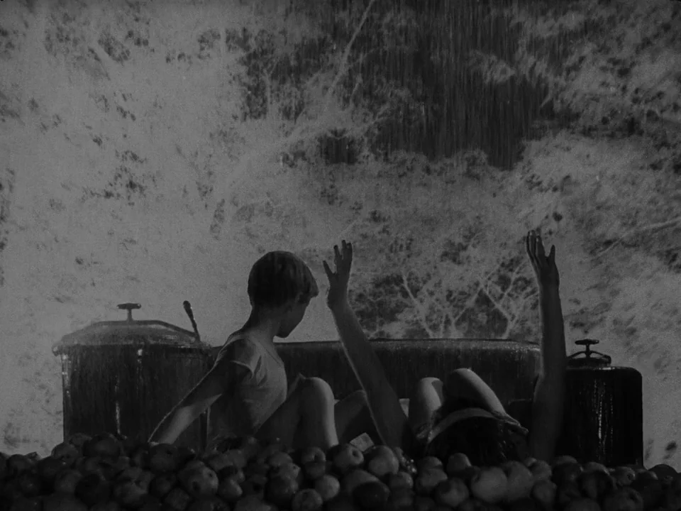 Ivan’s Childhood (1962) movie still: medium — A dark subterranean space filled with a large pile of apples and metallic bins. Two children sit…