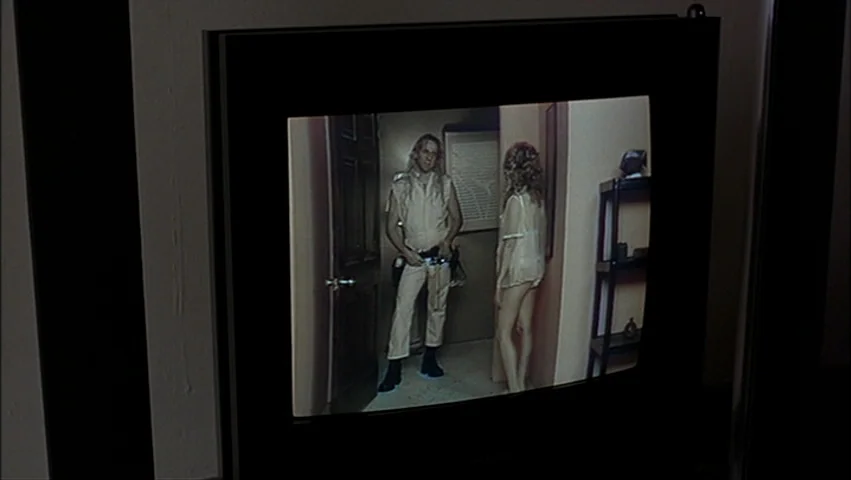 The Big Lebowski (1998) movie still: closeup — A television screen displays a scene within a residential interior. A man and woman stand near an…