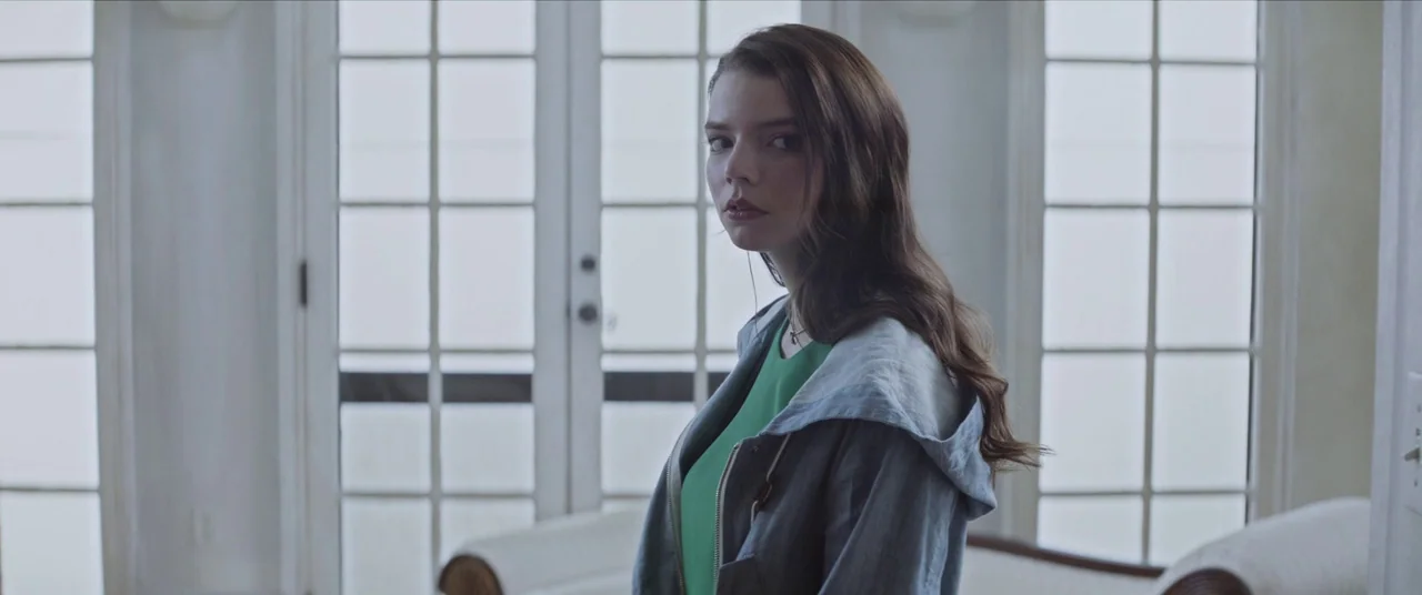 Thoroughbreds (2017) movie still: medium — A room with large white French doors fills the wall in the background. A woman in a green shirt and grey…