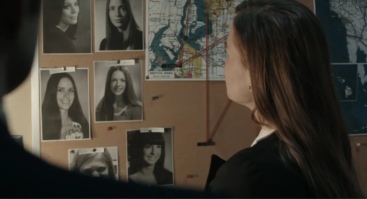 Ted Bundy: American Boogeyman (2021) movie still: medium — A bulletin board features several black and white portraits connected by red yarn…