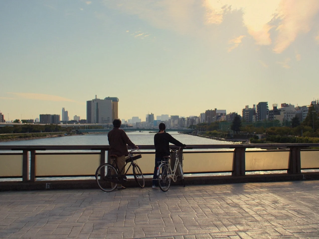 Perfect Days (2023) movie still: wide — A wide view of a modern urban riverfront from a pedestrian bridge at sunset. A man and a woman stand…