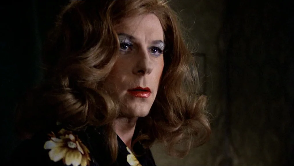 The Tenant (1976) movie still: closeup — A dark interior room with muted walls provides the backdrop for this portrait shot. A person wearing a wig…