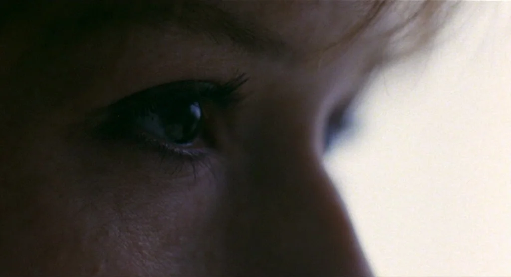 King Lear (1987) movie still: closeup — A close-up view of a person's eye area in an indeterminate indoor environment. The subject looks off-frame…