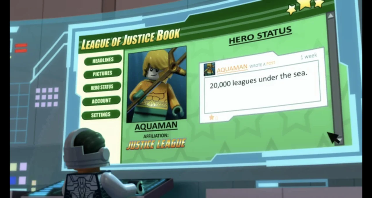 LEGO DC Comics Super Heroes: Justice League - Cosmic Clash (2016) movie still: medium — A high-tech digital interface displays a social media…
